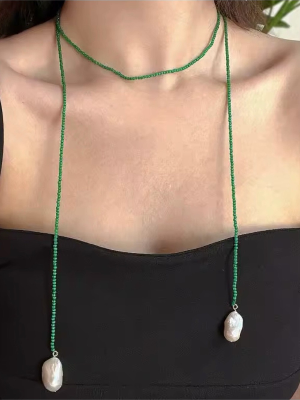 Green Beaded Lariat Necklace with Pearl Drops - Women Jewelry - Picture 5 of 7